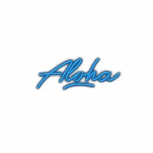 Blue cursive "Aloha" text on white background