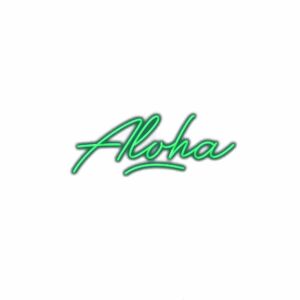 Neon green "Aloha" sign on white background