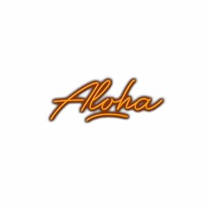 Neon-style "Aloha" text on white background.