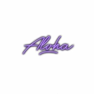 Purple "Aloha" script text on white background.