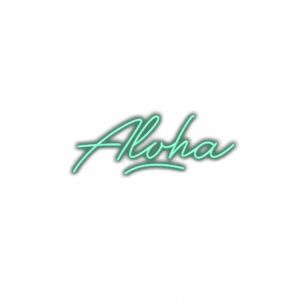 Neon Aloha sign with shadow on white background.