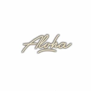 Gold "Aloha" script on white background.