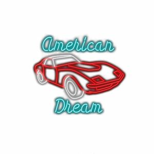 Neon sign with car and "American Dream" text.