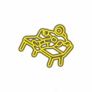 Neon yellow outline of person lounging on chair.