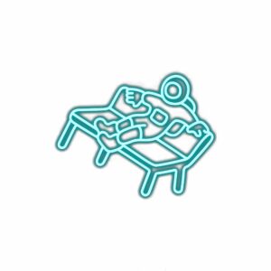 Neon outline of a dentist and patient in dental chair.