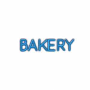 Blue neon sign text "BAKERY" on white background.