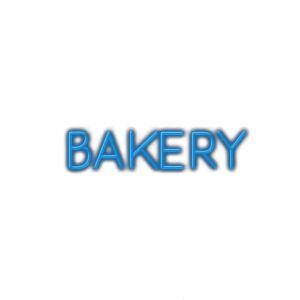 Blue neon sign reading 'Bakery'.