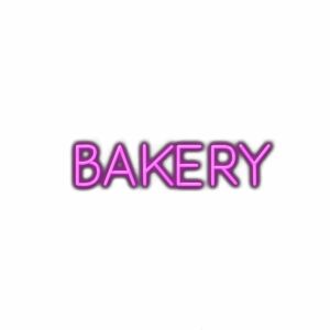 Neon "Bakery" sign text in pink.