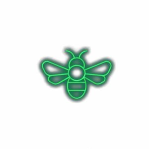 Neon green stylized bee illustration on white background.