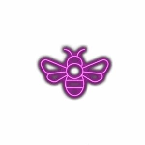 Neon purple bee illustration on white background.