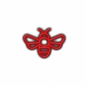 Red stylized bee illustration on white background.
