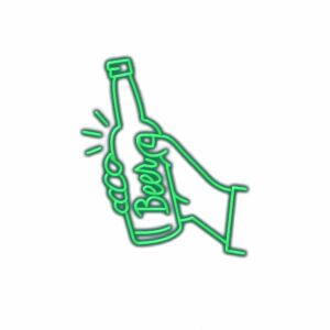 Green neon sign shaped like beer bottle