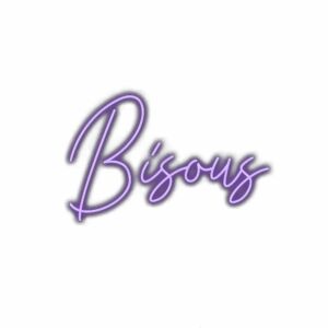 Purple "Bisous" cursive text illustration.