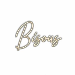 Gold cursive "Bisous" text on white background.