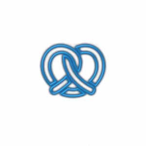 Blue neon heart intertwined design on white background.