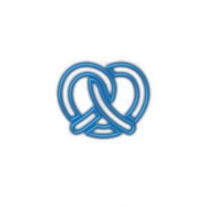 Neon blue intertwined heart-shaped design on white background.