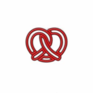 Red neon heart intertwined design on white background.