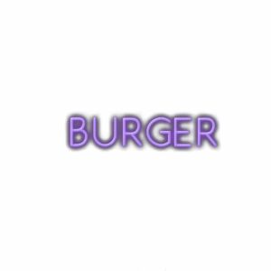3D text "BURGER" with purple gradient shadow.