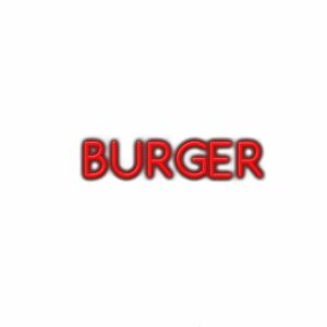 Red 3D "BURGER" text with shadow effect.