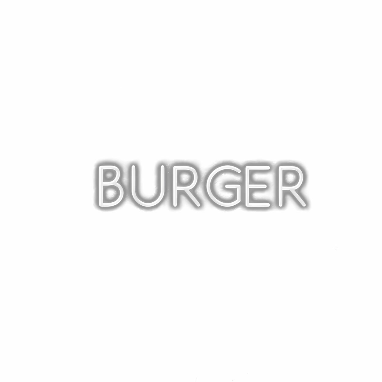 Embossed text spelling "BURGER" on white background.