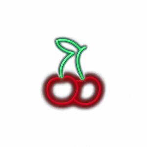 Neon-style red cherries illustration with green stems.