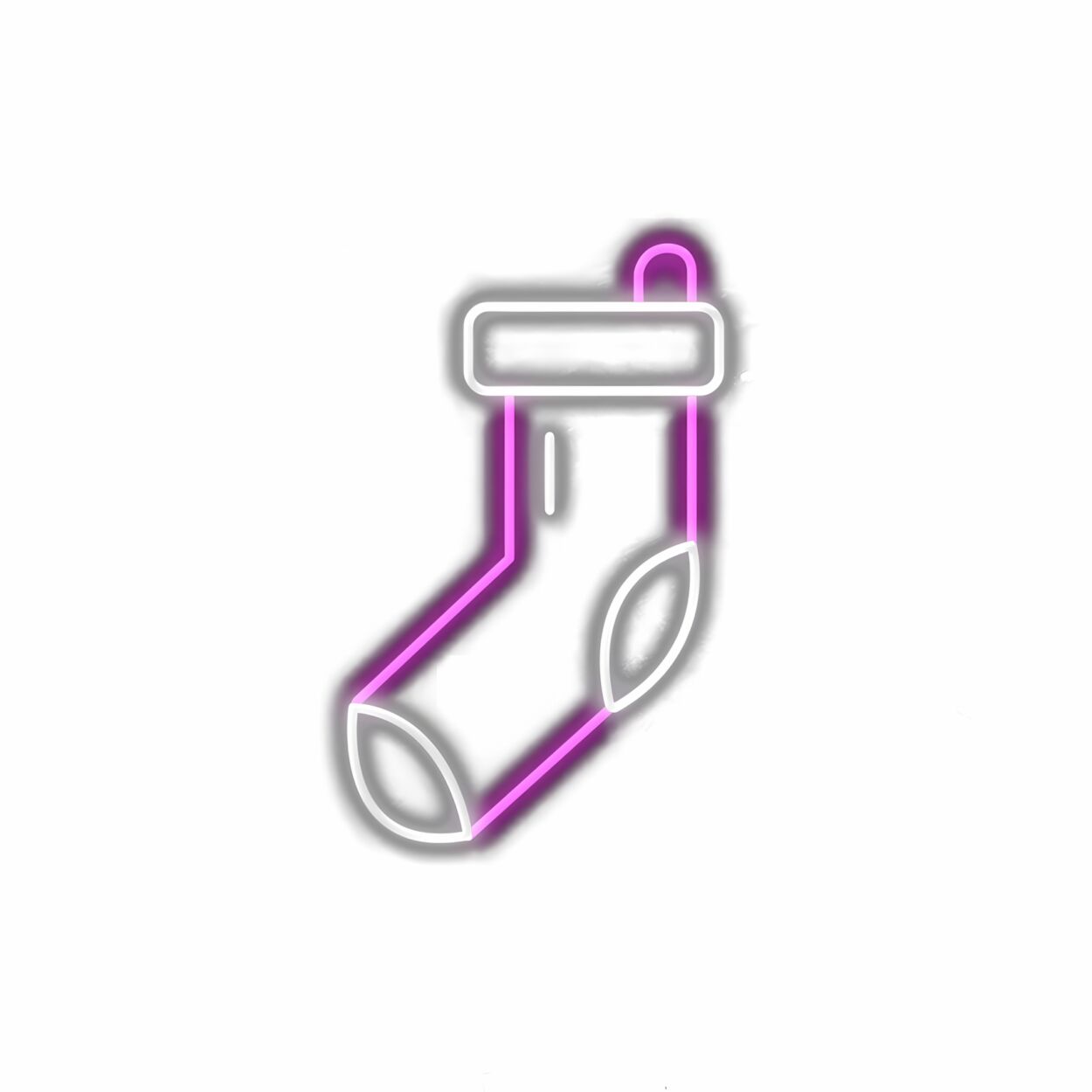 Neon outline of a Christmas stocking on white background.