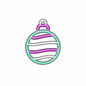 Neon-striped Christmas ornament on white background.