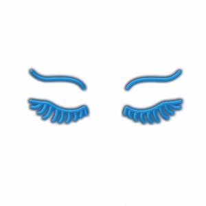 Illustration of stylized blue eyebrows and eyelashes.