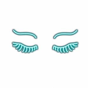 Illustration of cartoon eyes with teal lashes and eyebrows.