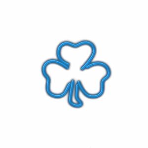 Neon blue clover symbol on white background.