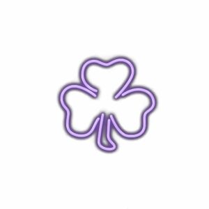 Neon purple shamrock sign on white background.