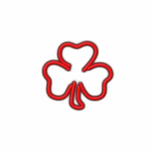 Neon red shamrock on white background.