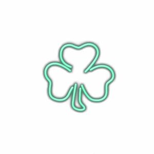 Neon green shamrock sign on white background.