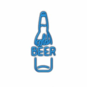 Neon sign shaped like bottle with "cold beer" text