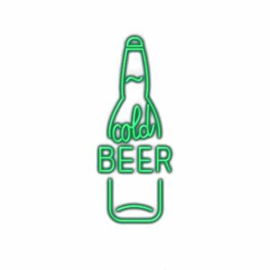 Neon sign reading "cold beer" in shape of bottle.