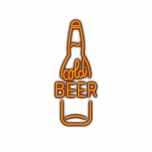 Neon sign shaped like beer bottle with "cold beer" text.