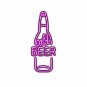 Neon sign shaped like beer bottle with "cold beer" text.
