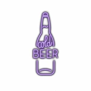 Neon sign with "cold beer" text and bottle outline.