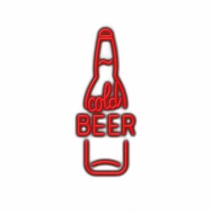 Neon sign reading "cold beer" with bottle outline.