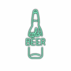 Neon sign with text "cold beer" inside bottle outline.