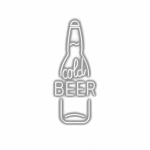 Neon sign with "cold beer" in bottle shape.