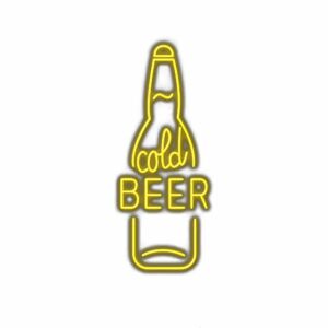 Neon sign with "Cold Beer" in bottle shape.