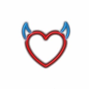 Neon heart with devil horns and tail.