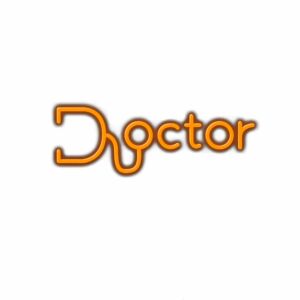 Stylized orange text spelling "Doctor" on white background.