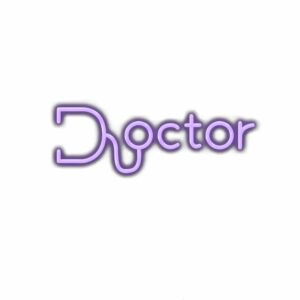 Stylized purple text spelling "Doctor" with creative typography.