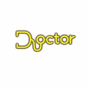 Neon yellow "Doctor" stylized text on white background.