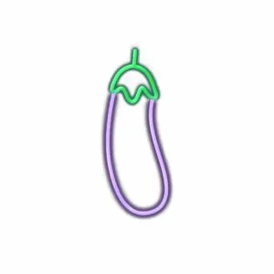 Neon eggplant sign on white background.