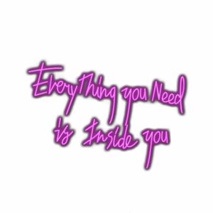 Inspirational quote in purple neon-style font.