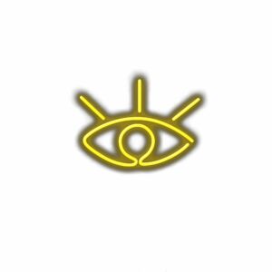 Yellow neon eye symbol on white background.