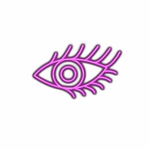 Neon purple stylized eye illustration.